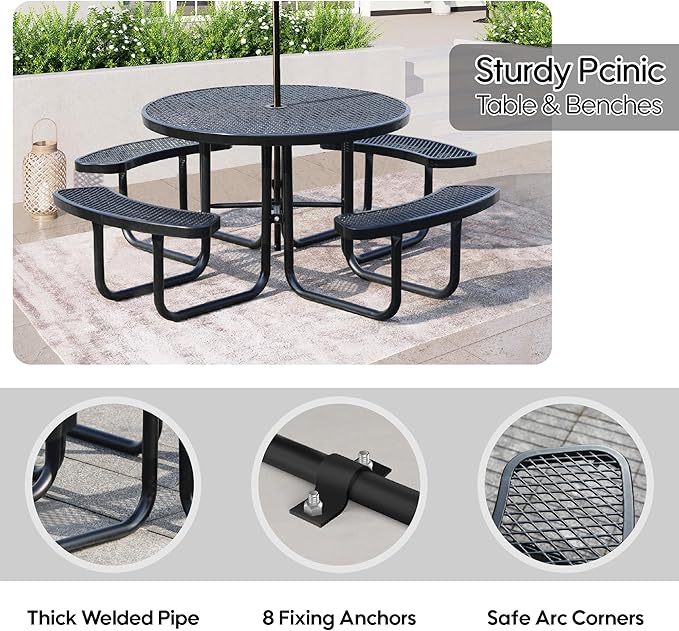 Sunnibety 8-Person Picnic Tables for Outdoors, Industrial 46" Expanded Metal Round Picnic Table with 4 Benches & Umbrella Hole, Outside Table and Bench Set for Park, Garden, Backyard, Patio, Black