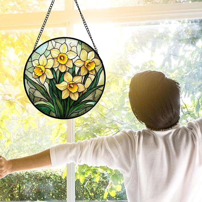 QZQCBLC Yellows Daffodils Green Plants Suncatcher 7.8" - HD UV Print Stained Glass Window Hanging Sun Catcher Door Garden Home Decor Birthday Mother's Day for Mom Men Woman Nana