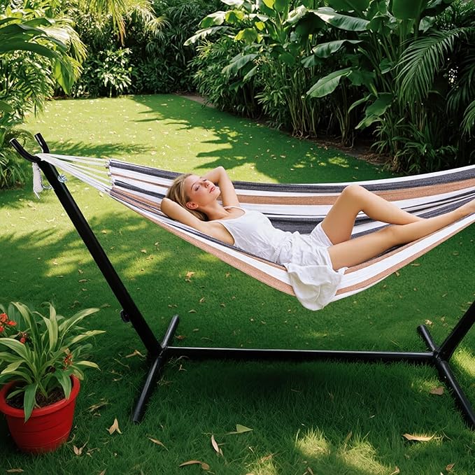Sweetcrispy Double Hammock with Space Saving Steel Stand Heavy Duty 2 Person Standing Hammocks 450lb Capacity for Outside Garden Yard with Portable Carrying Bag