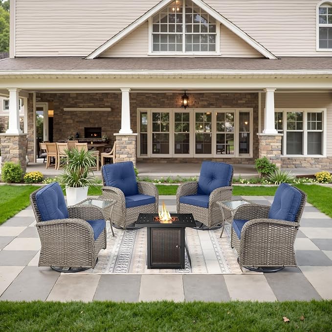 Belord 7 Pieces Patio Furniture Set with Fire Pit Table - 4 Outdoor Swivel Rocker Chairs with 50000BTU Propane Fire Table and 2 Side Table, Outdoor Conversation Set for Casual Gathering Gray
