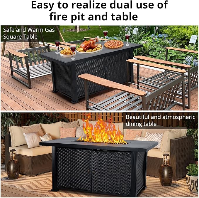 52" Propane Fire Pit Table, 2-in-1 50,000 BTU Rectangular Outdoor Gas Firepit with Glass Guard, Tabletop Lid, Storage Space & Covers, Patio Heater for Backyard, Deck & Garden