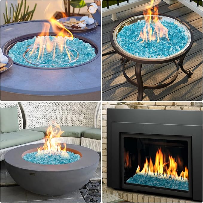 Onlyfire 10 lbs Fire Glass for Propane Gas Fire Pit, 1/2-Inch High Luster Fireplace Glass Rocks for Fire Pit Table, Aqua Blue