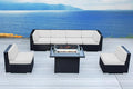 7 Piece Outdoor Patio Furniture Black Wicker Conversation Set with Fully Assembled Sectional and 42-inch Propane Gas Fire Table