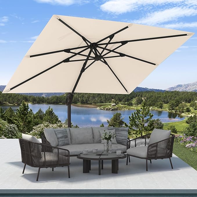 9' X 12' Cantilever Patio Umbrella Rectangular Outdoor Large Offset Umbrellas with 7 Tilts Adjustable 360°Rotation for Deck Pool Garden Backyard, Beige