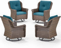 Patio Chairs Outdoor Swivel Glider - Set of 4 High Back Outside Brown Wicker Rattan Rocking Chair with Thick Cushion for Porch Apartment Deck Yard Poolside Garden - Peacock Blue