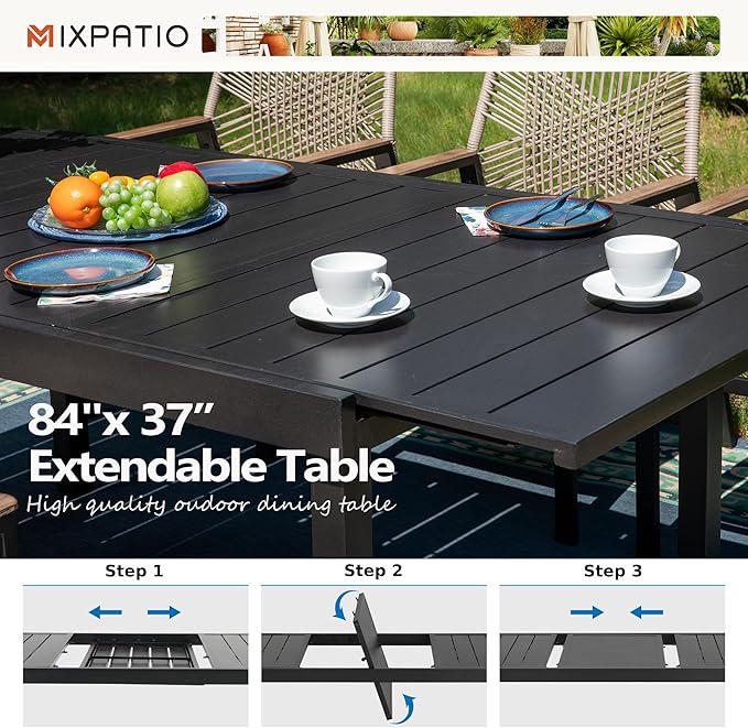 Expandable Outdoor Patio Dining Table for 8, Adjustable 61"/83" x 37" Rectangular Large 6-8 Person Metal Outdoor Table, Rectangle Metal Wrought Iron Extendable Table for Backyard and Porch