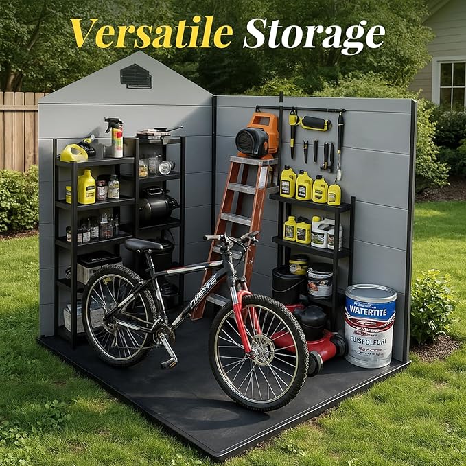 8x4 FT Resin Storage Shed with Floor Included, Outdoor Plastic Sheds & Outdoor Storage Clearance with 2 Windows and Lockable Door, Backyard Storage Shed for Garden Tools, Bike, Black+Grey