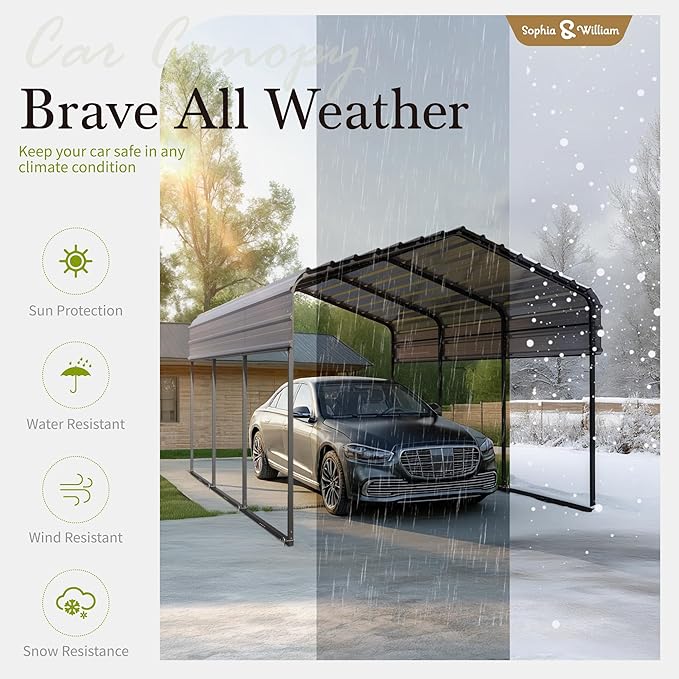 Sophia & William Carport Car Port Metal Canopy 10x15 ft Heavy Duty for Snow, Portable Garage Kit Shed Tent Shelter Metal Frame All Weather Outdoor for Boat with Anti-Leak Seam Taped, Dark Grey