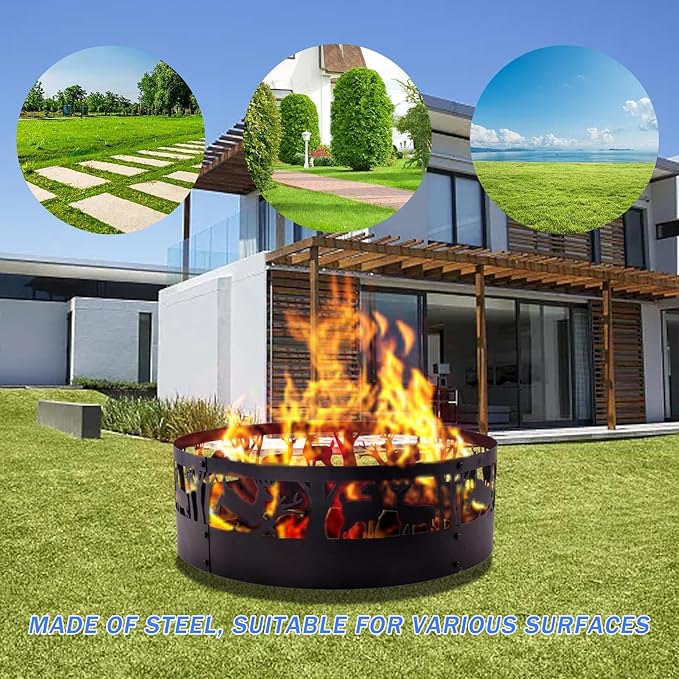 Fire Pit Ring Outdoor Steel: Heavy Duty Round Firepit Ring with Patterned Cutouts for Backyard Camping & Beach Bonfires 36Inch