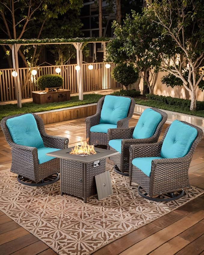 Outdoor Patio Swivel Gliders with Fire Pit Table 5 Piece Set - High Back Brown Wicker Rattan Rocking Chair with Thick Cushion for Porch Apartment Deck Yard Poolside Garden - Turqoise