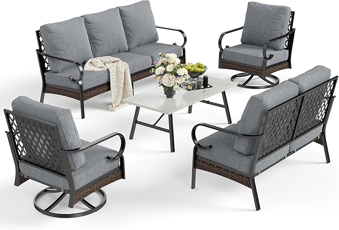 SUNSHINE VALLEY 5 Piece Metal Outdoor Patio Furniture Set, Patio Conversation Sets 1 3-Seater Sofa, 2-Seater Sofa, 2 Swivel Sofa with 5.75" Thick Cushion & Coffee Table Black Backyard Furniture, Gray