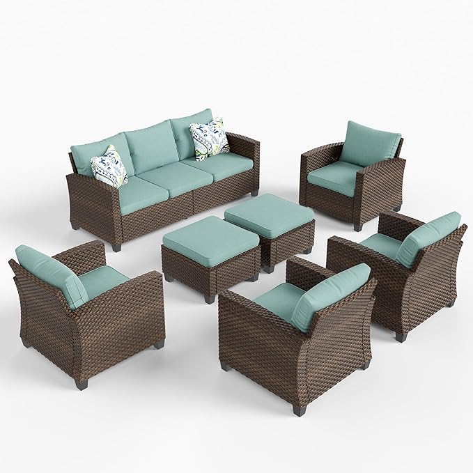 HERA'S HOUSE Outdoor Patio Furniture Set, 7 Pieces Wicker Patio Conversation Sets, Outside Sectional Deep Seating Sofa Set for Lawn Backyard Porch, Brown/Blue