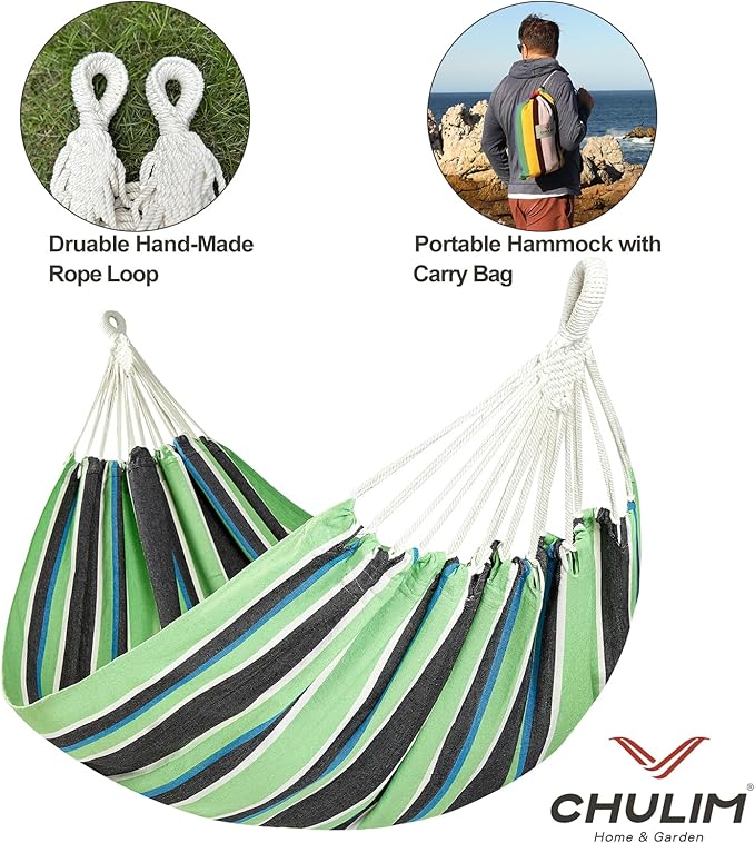 CHULIM Brazilian Double Hammock with Tree Straps,Extra Large 94x63IN,2 Persons Hammock for Backyard Patio Outdoor and Indoor,450lbs Weight Capacity,Soft Woven Cotton Fabric - Black Stripe