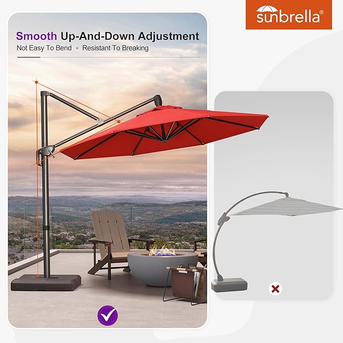 PURPLE LEAF 10FT Cantilever Patio Umbrella with Base Included Round Umbrella with 360° Rotation Aluminum Outdoor Offset Hanging Umbrella for Patio Pool, Red