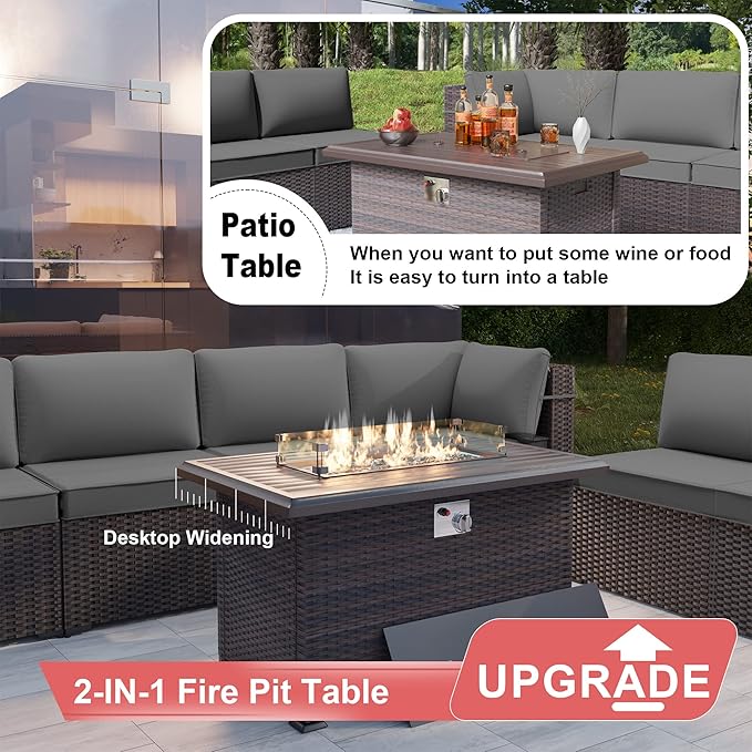 Kurapika 15 Pieces Patio Furniture Set, Rattan Wicker Outdoor Conversation Sets w/43in Propane Fire Pit Table and 4 Inch Cushion(Grey)