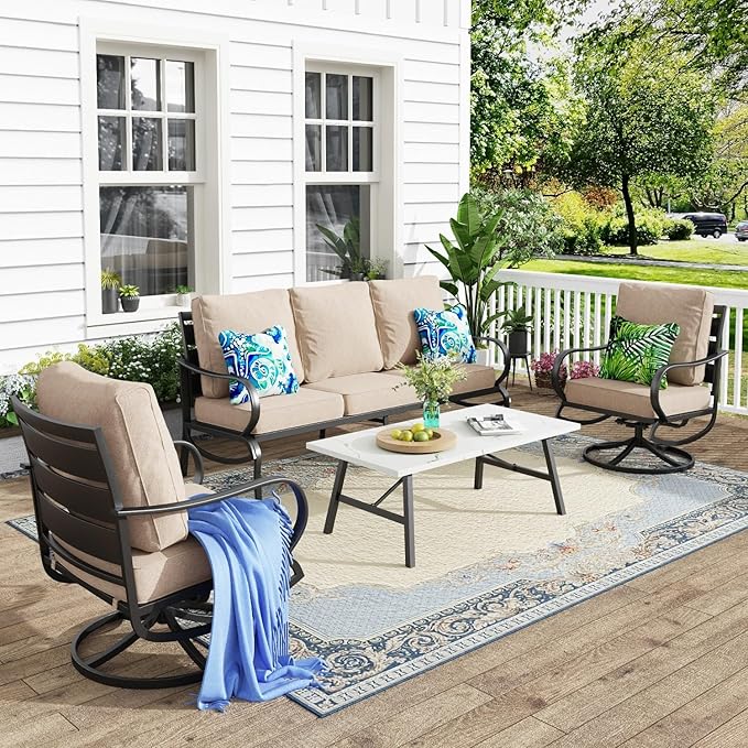 MFSTUDIO 4 Pieces Patio Conversation Sets(5 Seat),Outdoor Metal Furniture Sofas with 1 Loveseat(3 Seat), 2 Swivel Chairs,1 Coffee Table,Wrought Iron with Beige Cushion for Patio Courtyard Balcony