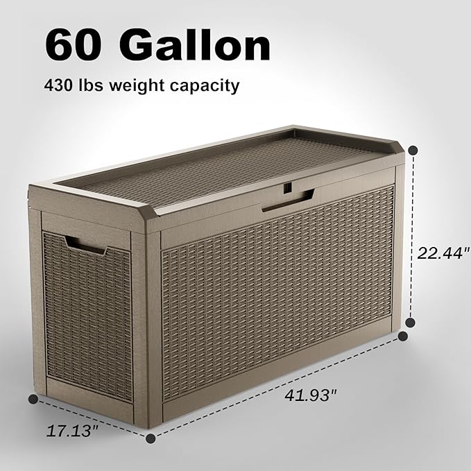 Vixzen 60 Gallon Outdoor Deck Box,Lockable Resin Waterproof Storage Box,UV Resistant,Weather Resistance,Outside Storage Bin for Gardening Tools,Pool Supplies,Gray