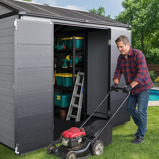 8x6 FT Resin Storage Sheds Outdoor with Floor Included, Plastic Sheds & Outdoor Storage Clearance with 2 Windows and Lockable Door, Backyard Storage Sheds for Bike, Garden Tools, Black+Grey