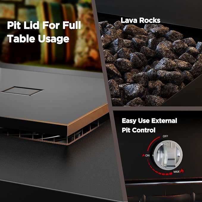 Ciays 28 Inch Propane Fire Pit CSA-Listed Outdoor Fire Pit Table, 50,000 BTU Steel Gas Fire Pits with Lid and Lava Rock, Add Warmth and Ambience to Parties On Patio Deck Garden,Black,CIFPT3-N1