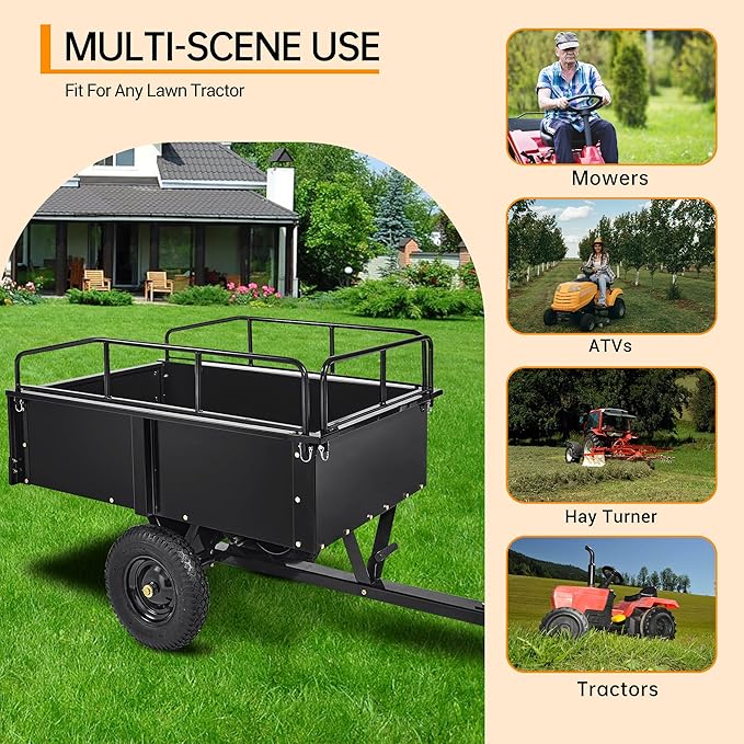 750LB Steel Dump Cart with All-Terrain Tires & Foot-Pedal Dumping, Heavy Duty Utility Trailer for Yard, Garden, and Construction Use, Compatible with ATV and Tractor