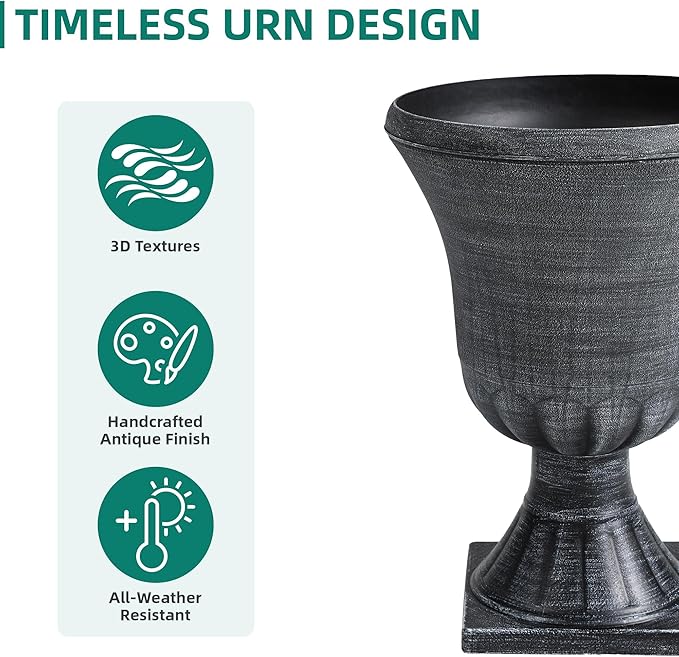 22" Urn Planters Outdoor Planter for Plants Set of 2 Timeless Plastic Large Flower Pot with Drainage Hole Handmade Washed Black Finish Garden Pots for Porch, Patio Christmas Decor