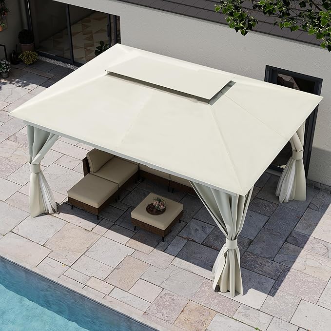 LAUSAINT HOME Outdoor Patio Gazebo 10'x13' with Expansion Bolts, Heavy Duty Party Tent & Shelter with Double Roofs, Mosquito Nettings and Privacy Screens for Backyard (Cream White)
