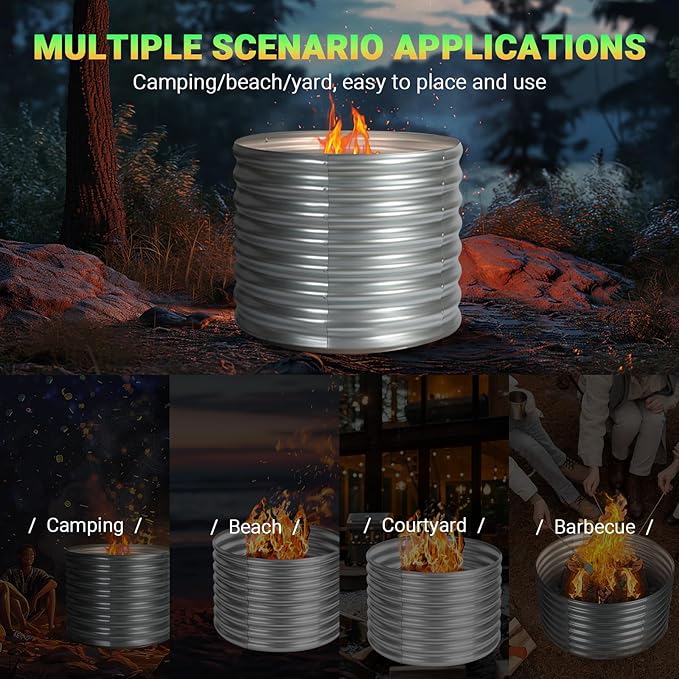 36 inch Fire Pit Ring, Galvanized Fire Ring 2ft high, Wood Burning Fire Pits Ring, Outdoor Fireplace Height 24 Inch, Round Camp Fire Ring, Bonfire Pit for Camping, Backyard (3x3x2FT)