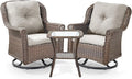 3 Piece Patio Swivel Chairs and Side Table Set - High Back Outdoor Brown Wicker Rattan Rocking Glider with Thick Cushions for Porch Apartment Deck Yard Poolside Garden - Beige