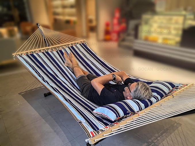GOCAN Double Hammock with Quilted Fabric and Spreader Bars,Longer and Sturdier,Quality Hammocks for Outdoor Indoor Patio Yard