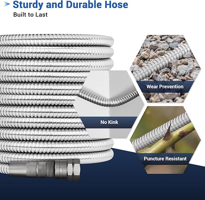 25 FT Stainless Steel Garden Hose – Lightweight No-Kink Metal Water Hose, 304 Steel, Flexible & Easy to Coil, Leak-Proof Swivel Fittings, 8-Mode Nozzle for Patio, Balcony, RV, Small Gardens
