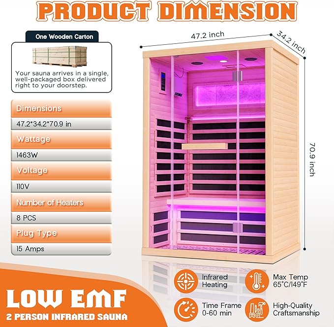 Albott Infrared Sauna 2 Person, Infrared Saunas for Home, Low EMF 1463W/110V Hemlock Wood Dry Sauna with Tourmaline Foot Warmer, 7-Color Light Therapy & Salt Crystal Bricks, 47.2"x34.2"x70.9"