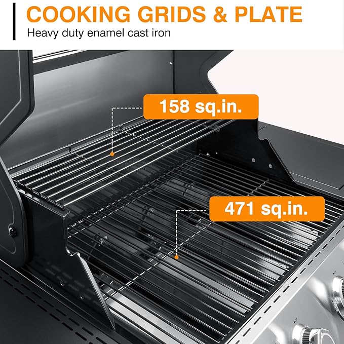 4-Burner Propane Gas Grill with Side Burner Led Knob, 60,000 BTU Stainless Steel Outdoor BBQ Grill with Porcelain-Enameled Cast Iron Grates for Outdoor Cooking