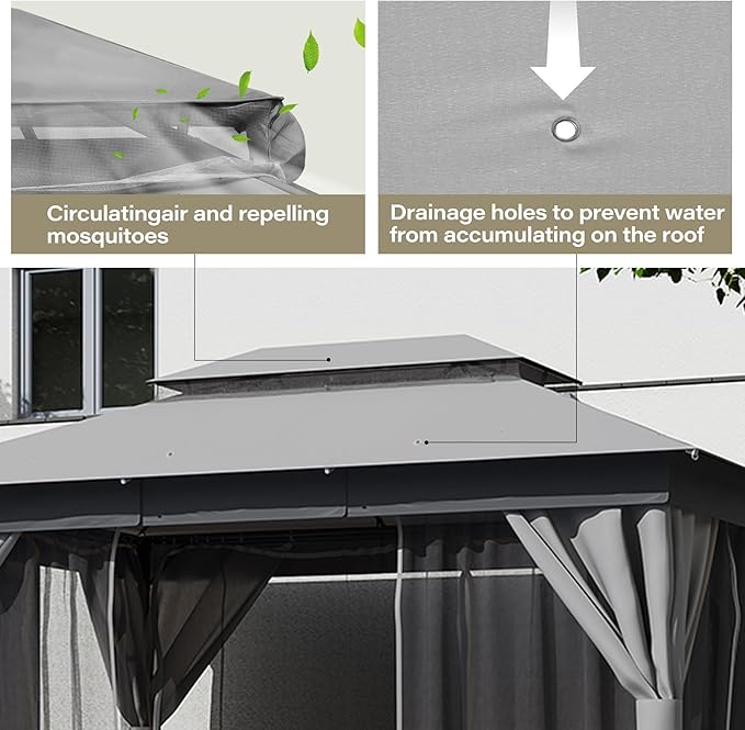LAUSAINT HOME Outdoor Patio Gazebo 10'x13' with Expansion Bolts, Heavy Duty Party Tent & Shelter with Double Roofs, Mosquito Nettings and Privacy Screens for Backyard (Grey)