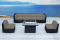 7 Piece Outdoor Patio Furniture Black Wicker Sunbrella Taupe Conversation Set with Fully Assembled Sectional and 42-inch Propane Gas Fire Table