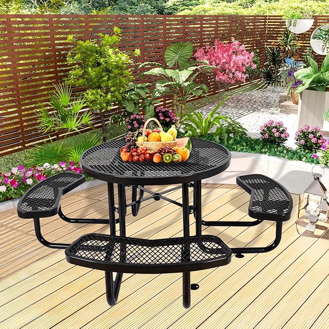 Rueekfil 46" Thermoplastic Picnic Table with Umbrella Hole up to 1.5", Heavy Duty Commercial Picnic Table for Outdoor, Family & Party Ready for School Camping, Round, Black