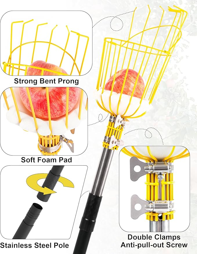 9FT Fruit Picker, Apple Picker Tool with Adjustable Pole and Basket, Long Reach Mango Grabber Tool, Tree Fruit Catcher for Picking Lemon Pear Orange Avocado Peach Citrus