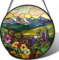 QZQCBLC Stained Glass Window Hanging Purple Wildflowers Pastoral Scenery Large 11.8" - Suncatcher Door Garden Sun Catcher Home Decor Birthday Christmas for Mom Men Woman Friend