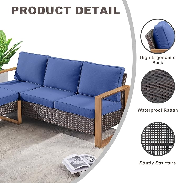 Rilyson Outdoor Wicker Patio Furniture Set - 8 Piece Patio Conversation Set with 4 Wicker Swivel Rocker Chairs,2 Rattan Ottoman 1 Side Table and 1 Couch,Thick Cushions,Deep Seating(Brown/Blue)