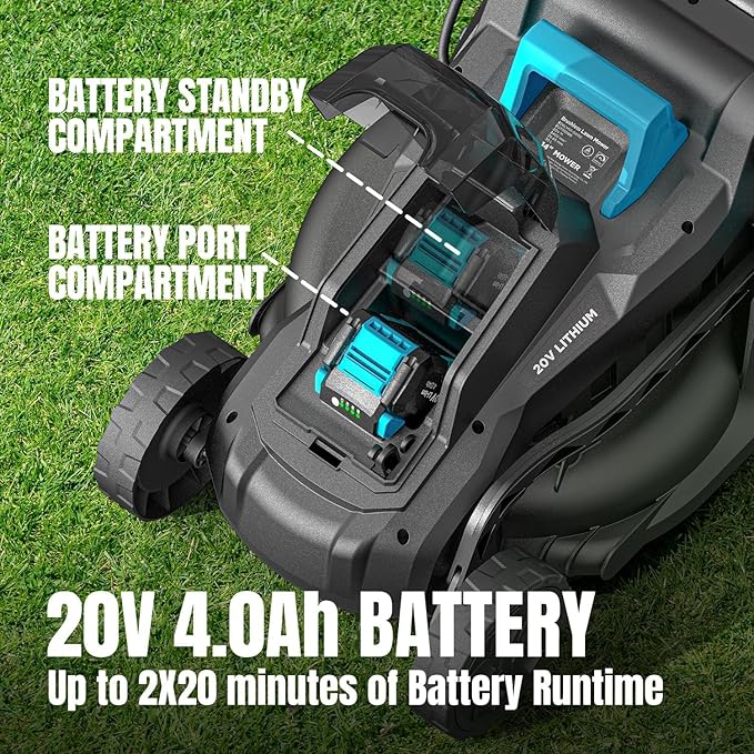 Electric Lawn Mower with Brushless Motor, 20V 13.2 inch Cordless Lawn Mower with 5-Position Cutting Height Adjustment, 2x4.0Ah Battery and Charger Included