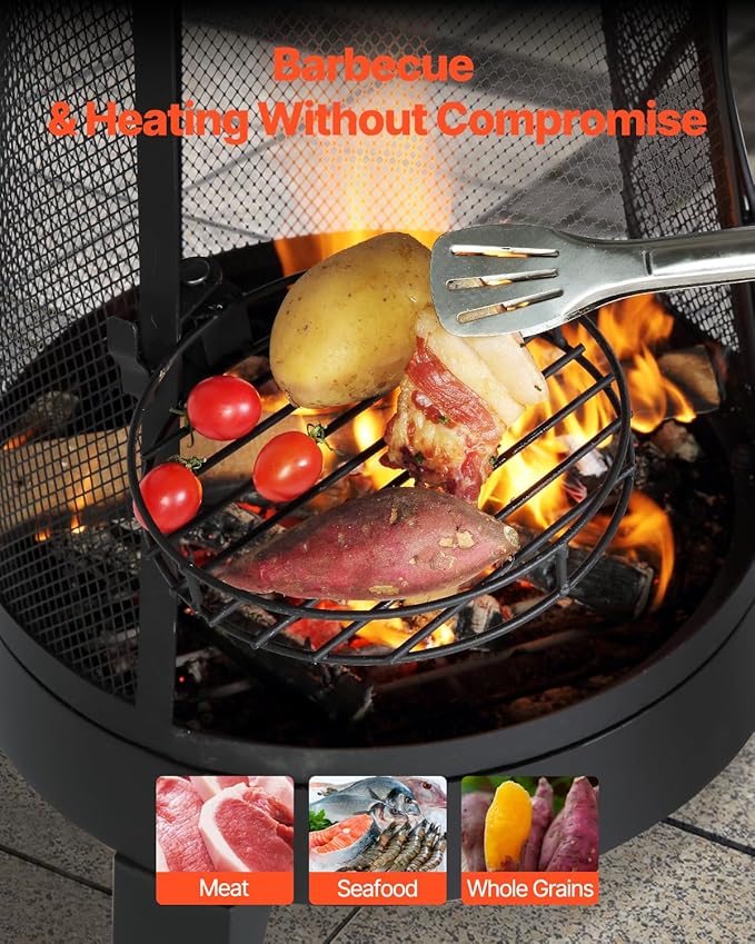 VEVOR Chiminea, 20 Inch Outdoor Wood Burning Firepit, Conical Fireplace for BBQ & Warming, Outside Wooden Fire Pit with Grill Mesh, Chimney Coat & Rustproof Chiminea Lid, for Patio, Garden, Backyard
