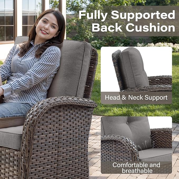 Patio Furniture Swivel Glider PE Wicker Chairs, Outdoor Swivel Rocker Seating with Cushions for Porch Deck Balcony, Brown/Gray