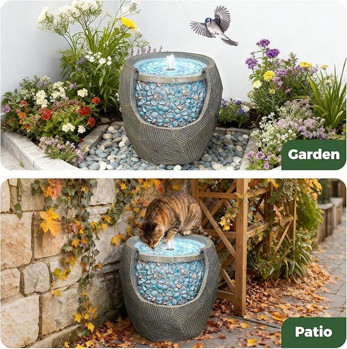 Kingsyard Outdoor Water Fountain with LED Lights, 13" Resin Indoor Fountain Tabletop Decor, Quiet Garden Fountain for Patio Deck Porch with Blue Seashells