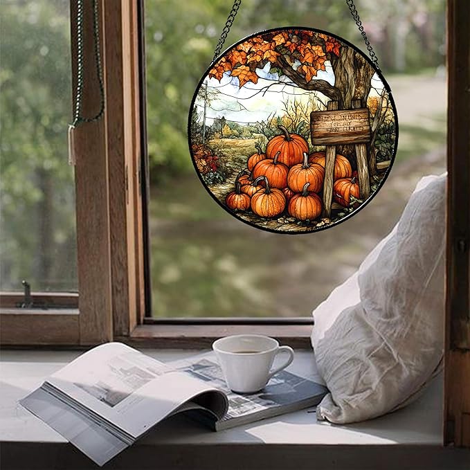 DASTOLL Stained Glass Window Hanging Fall Farm Scenery Maple Trees Pumpkin 7.8" - Suncatcher Door Garden Kitchen Sun Catcher Autumn Decor Birthday for Mom Nana Men Woman Friend