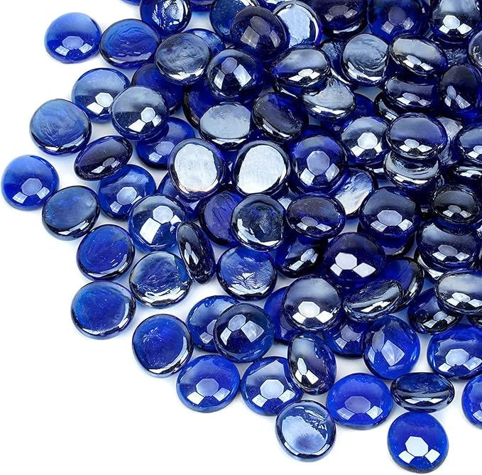 onlyfire Flat Fire Glass Beads for Propane Fire Pit, 1/2 Inch Reflective Firepit Glass Rocks 10 Pounds Flat Marbles for Gas Fireplace and Fire Pit Table, High Luster Royal Cobalt Blue