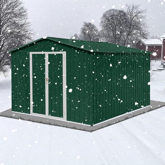 Favfurish 10x8 FT Metal Garden Sheds with Hinged Door and Padlock & Punched Vents,Aluminum Outdoor Storage Shed w/Eco-Friendly Painting,for Bike, Barbeque,Tool,Green+White
