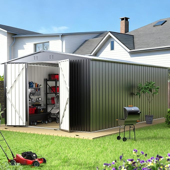 PABIMIA10X14 FT Outdoor Storage Shed, Durable Metal Outside Storage with Lockable Doors, Waterproof Storage Shed for Tools, Equipment, Ideal for Backyard Garden Patio Lawn