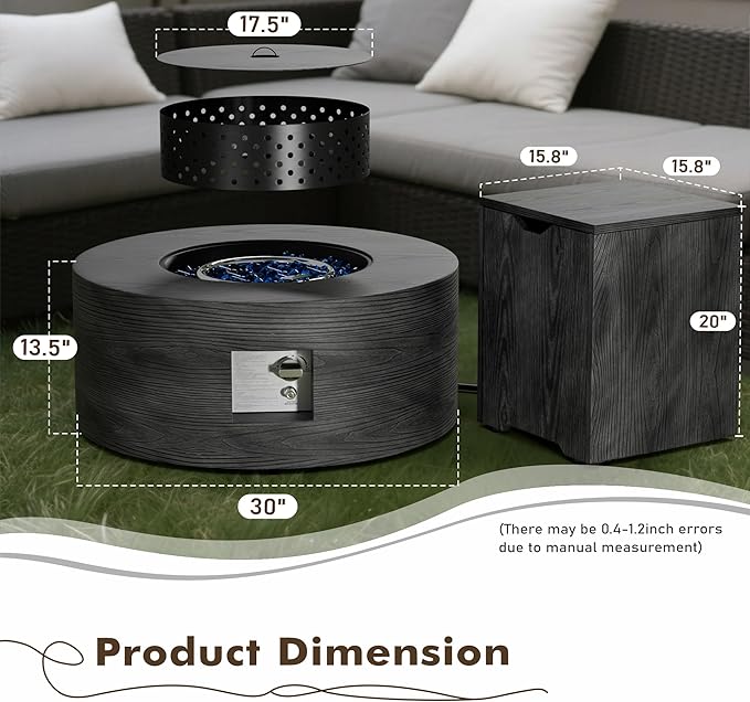 30" Round Propane Fire Pit Table - 50K BTU with Lid, Rocks Tank Storage and Cover - Round Gas Fire Pits for Outside Patio - Outdoor Table with Firepit (Charred Oak, 30" Round)