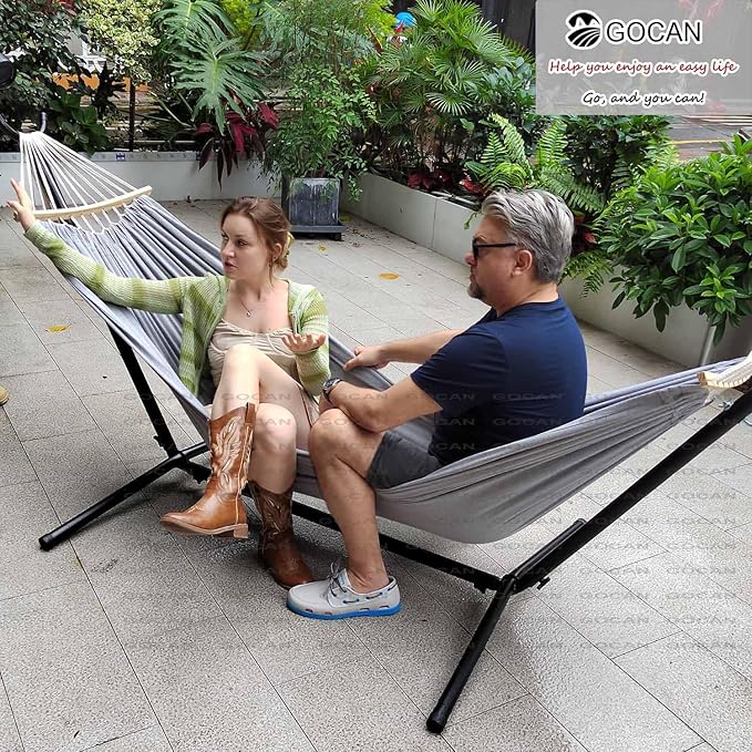 GOCAN Double Hammock 2 Person Large 220x150cm with Steel Stand and Removable Spreader bar Load 500lb, Canvas Cotton Hammocks for Patio Porch Garden Backyard Outdoor and Indoor