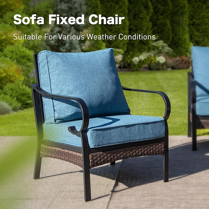 SUNSHINE VALLEY 4 Piece Metal Outdoor Patio Furniture Set, Patio Conversation Sets 1 3-Seater Sofa, 2 Chairs with 5.75" Extra Thick Cushion and Coffee Table, Black Frame Backyard Furniture, Denim Blue