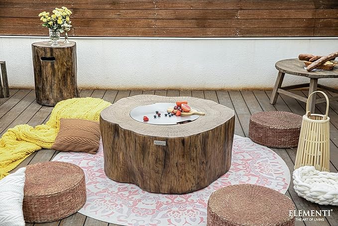 Elementi Lunar Bowl Cast Concrete Fire Table Bundle, Outdoor Fire Pit Fire TablePatio Furniture, Light Gray (Natural Gas)